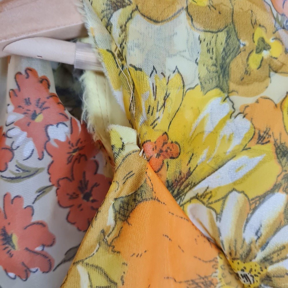 Vntg Floral Dress Jacket Womens 12 Yellow Chiffon Maxi 70s Mod Flutter Sleeve - Picture 7 of 16